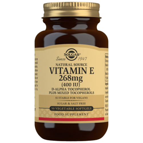 Pakning med Solgar Vitamin E 268 mg, 50 kapsler