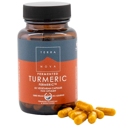 Beholder med Terranova Fermented Turmeric kosttilskud, 50 kapsler med fermenteret gurkemeje