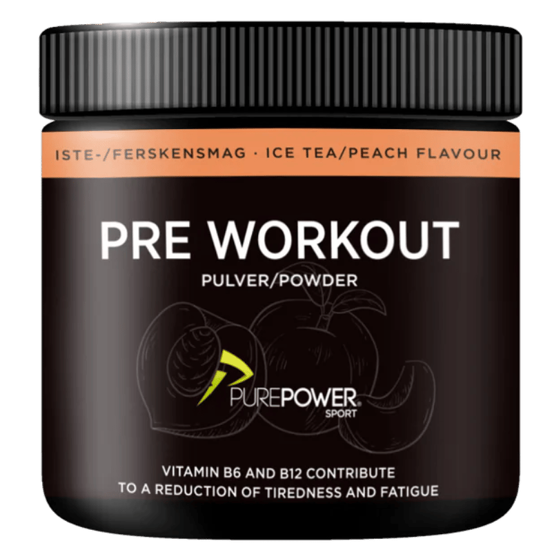Dåse med PurePower PWO pre-workout pulver med smag af iste og fersken, 300 g