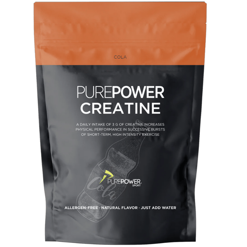 Beholder med PurePower Kreatin med colasmag, 300 g, og måleske