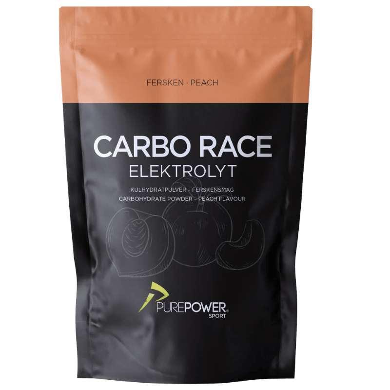 Pakning med PurePower Carbo Race elektrolytpulver med ferskensmag, 1 kg