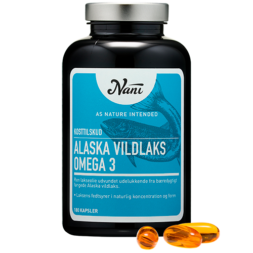 Pakning med Nani Alaska Vildlaks Omega 3 kosttilskud, 180 kapsler
