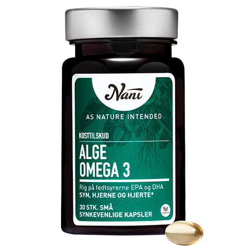 Nani Alge Omega 3, vegansk kosttilskud med EPA og DHA i pakning med 30 kapsler