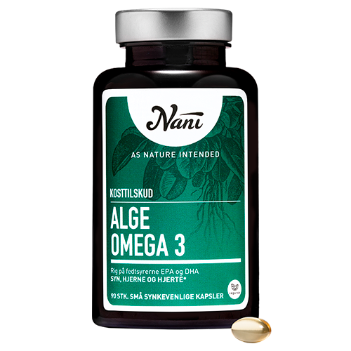 Nani Alge Omega 3 kosttilskud med algeolie, pakning med 90 kapsler