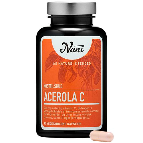 Glas med Nani Acerola C-vitamin kapsler, 200 mg pr. kapsel, 90 stk.