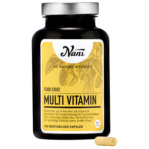 Beholder med Nani Food State Multivitamin, veganske kapsler, 150 stk.
