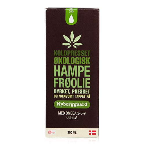 Flaske med økologisk hampefrøolie fra Nyborggaard, 250 ml