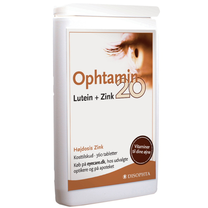 Pakke med Ophtamin 20 Lutein + Zink kosttilskud, 360 tabletter