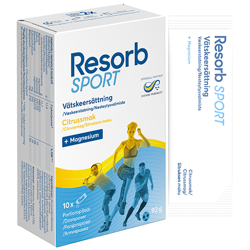 Pakning med Resorb Sport kulhydrat- og elektrolytopløsning, 10 stk.