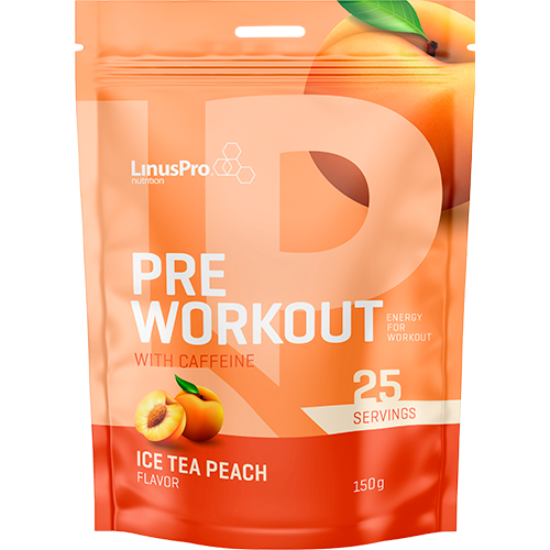 Pakning med LinusPro Pre-Workout pulver i smagen Ice Tea Peach, 150 g