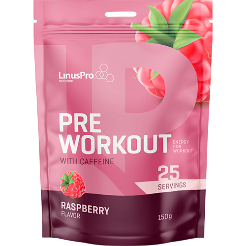 LinusPro Pre-Workout pulver med hindbærsmag i pakning med 150 g