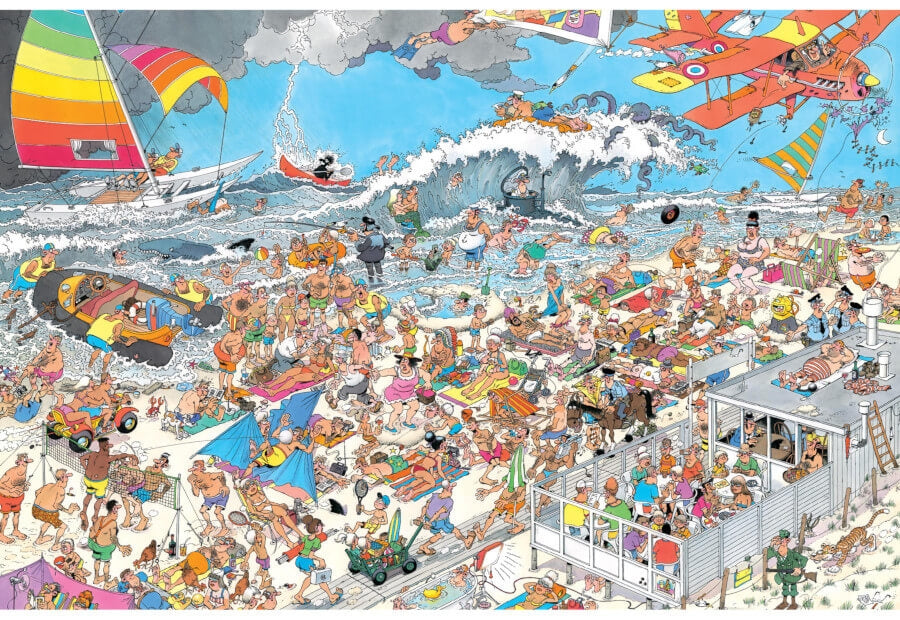 Jumbo At the Beach af Jan van Haasteren, puslespil med 1500 brikker