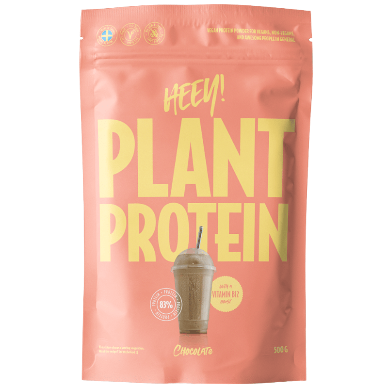 Pakning med Heey! Vegan Plant Protein + Vitamin B12 med chokoladesmag, 500 g
