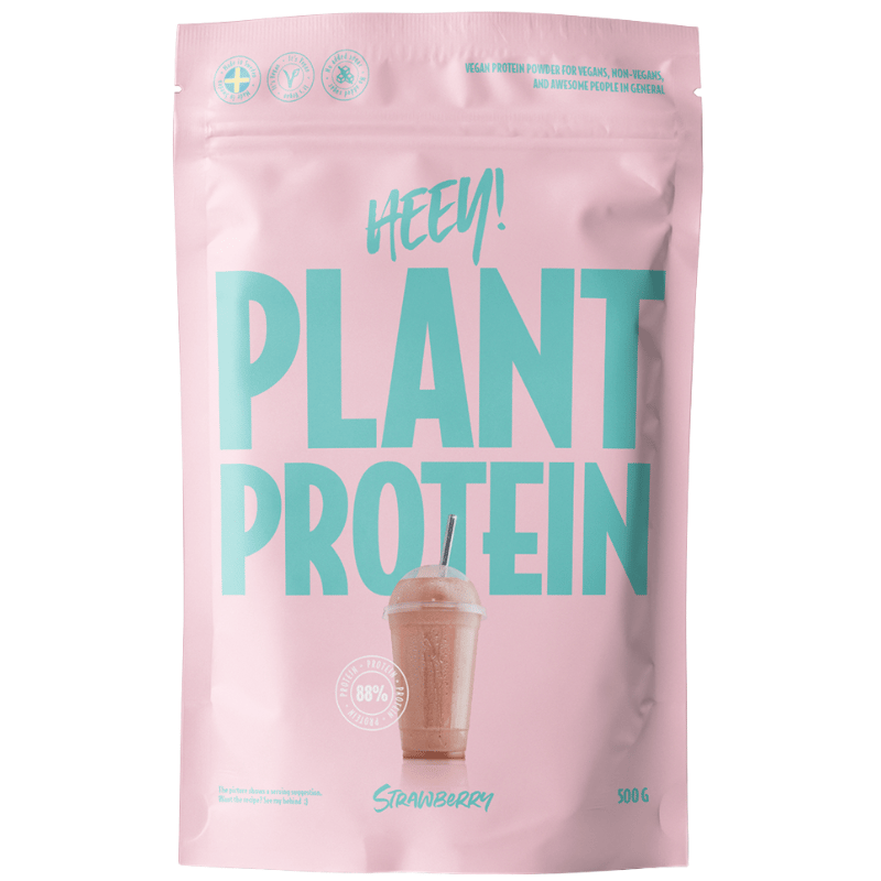Pose med Heey! Vegan Plant Protein + Vitamin B12 proteinpulver med jordbærsmag