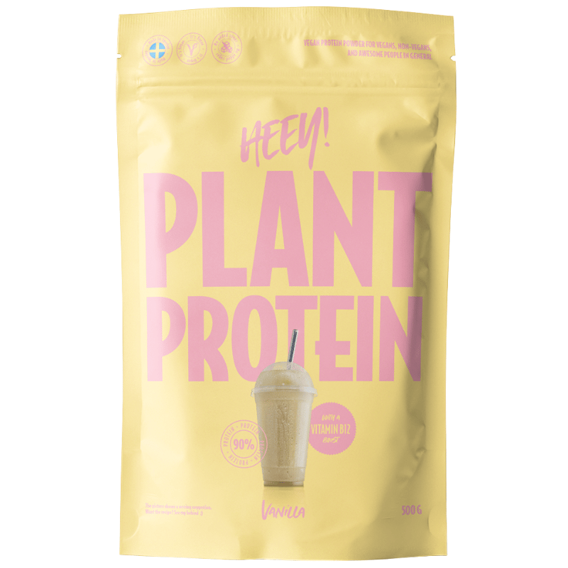 Pose med Heey! Vegan Plant Protein + Vitamin B12 proteinpulver, vanilje, 500 g