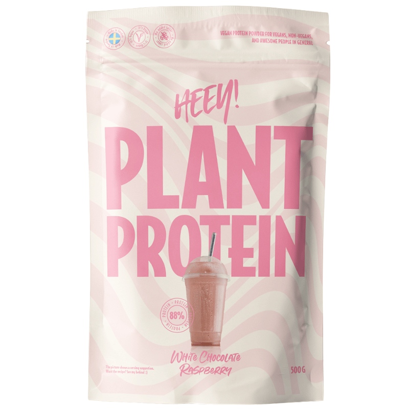Pakning med Heey! Vegan Plant Protein + Vitamin B12, hvid chokolade og hindbær, 500 g