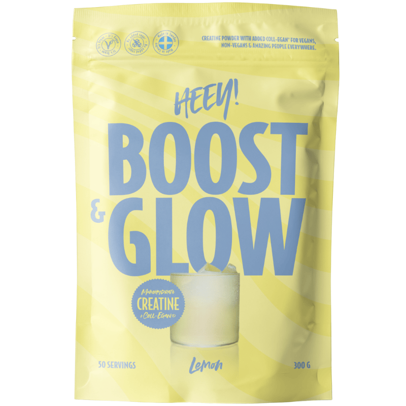 Heey! Boost & Glow Creatine + Vegan Collagen med citronsmag, 300 g vegansk kosttilskud
