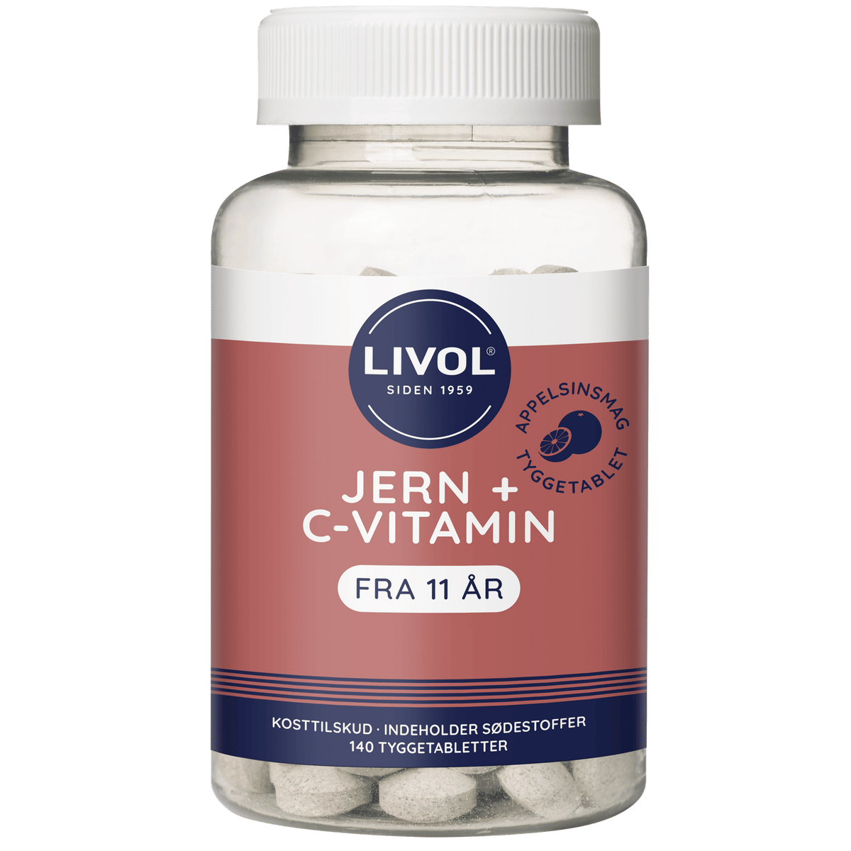 Pakke med Livol Jern + C-Vitamin tyggetabletter med appelsinsmag, 140 tabletter