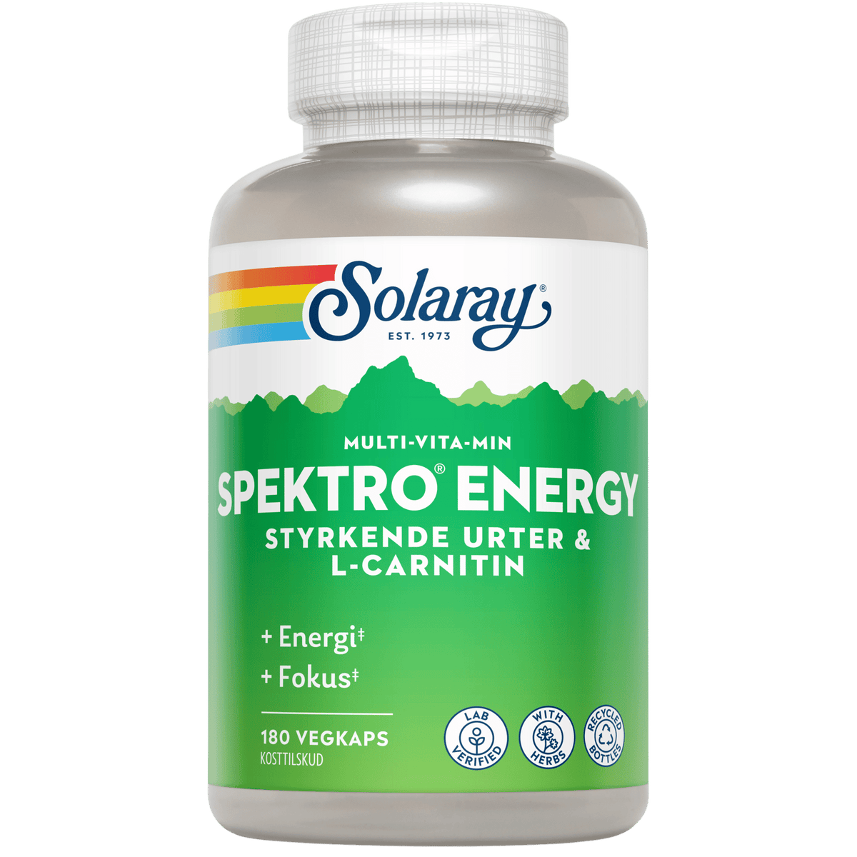 Beholder med Solaray Spektro Energy kosttilskud, 180 kapsler med vitaminer, mineraler og urter