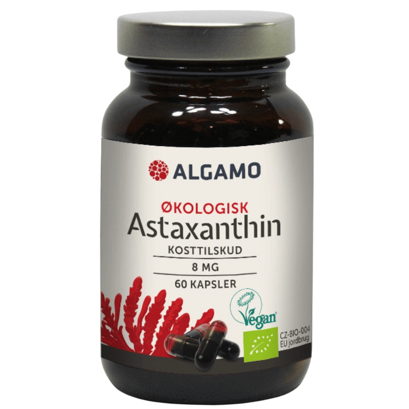 Pakke med Algamo økologisk astaxanthin 8 mg, 60 kapsler