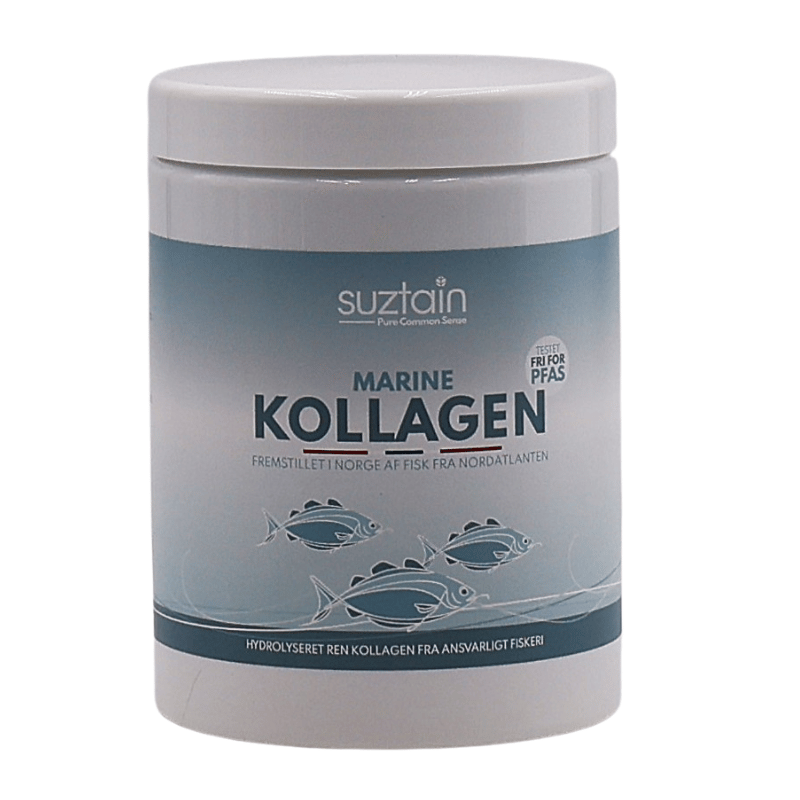 Pakke med Suztain Rent Marine Kollagen pulver tilsat C-vitamin, 300 g