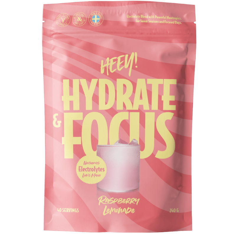 Pakning med Heey! Hydrate & Focus Electrolytes + Lions Mane i smagen Raspberry Lemonade, 240 g