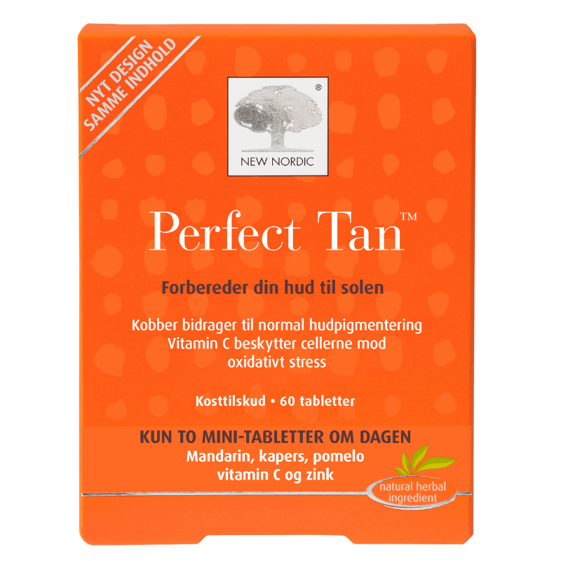 Pakke med New Nordic Skin Care Perfect Tan kosttilskud, 60 tabletter