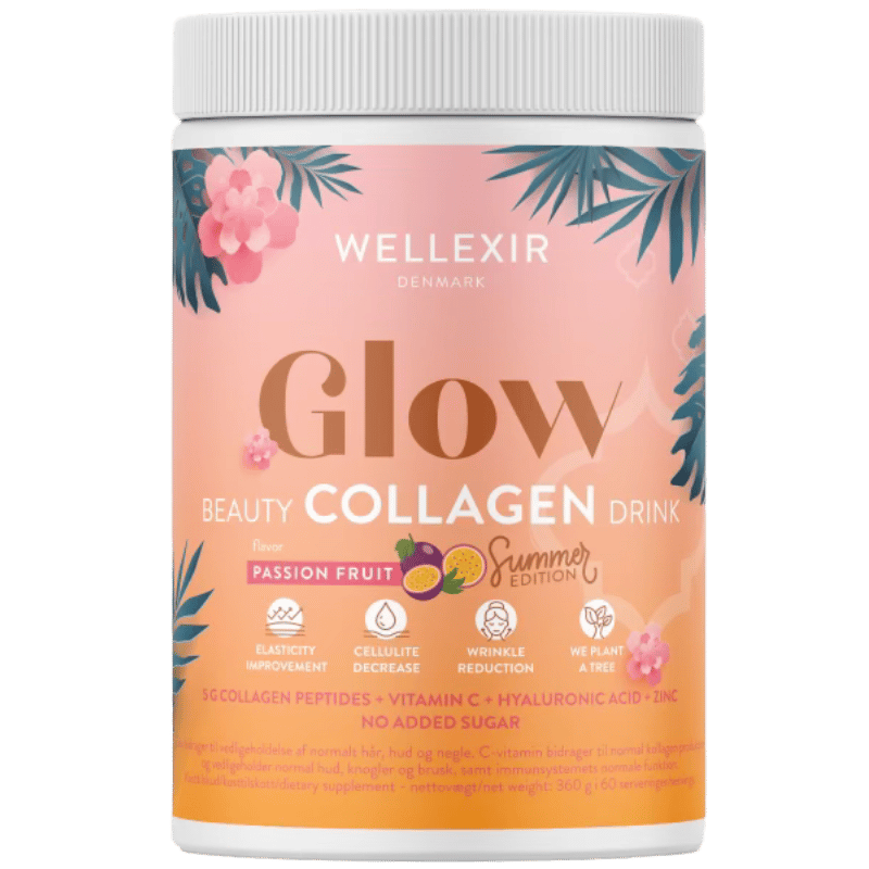 Pakning med Wellexir Glow Beauty Drink i smagen Passionfruit, 360 g