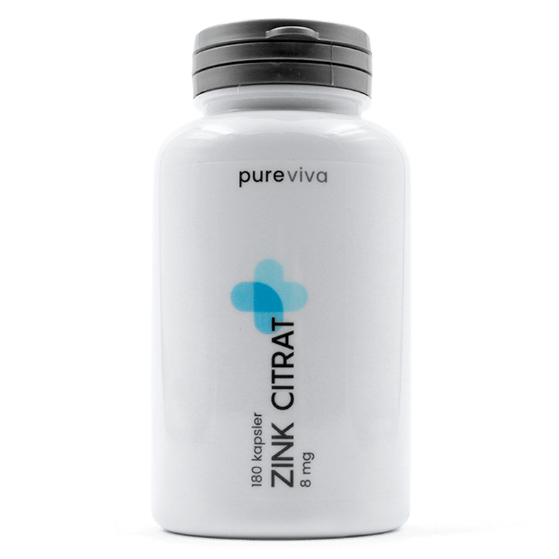 Pakning med Pureviva Zink Citrat 8 mg, 180 veganske kapsler