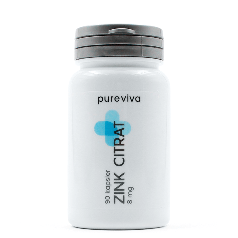 Pakning med Pureviva Zink Citrat 8 mg, vegansk zinktilskud i kapselform, 90 kapsler