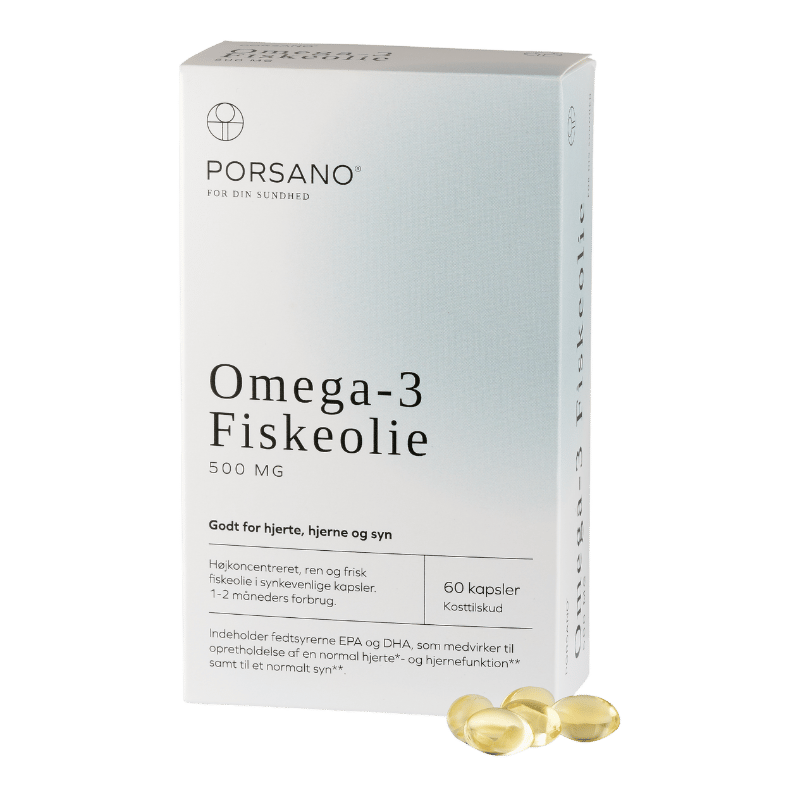 Pakke med Porsano Omega-3 fiskeolie, 60 synkevenlige kapsler med EPA og DHA