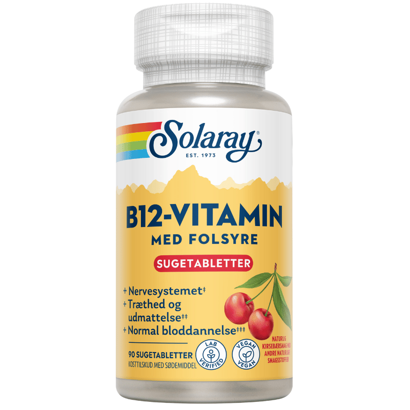 Pakning med Solaray B-12 vitamin med folsyre, sugetabletter med kirsebærsmag