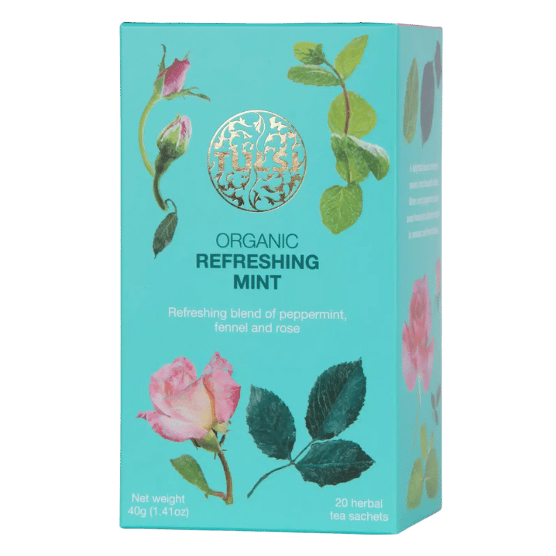Æske med Tulsi Refreshing Mint økologisk urtete, 20 breve med pebermynte
