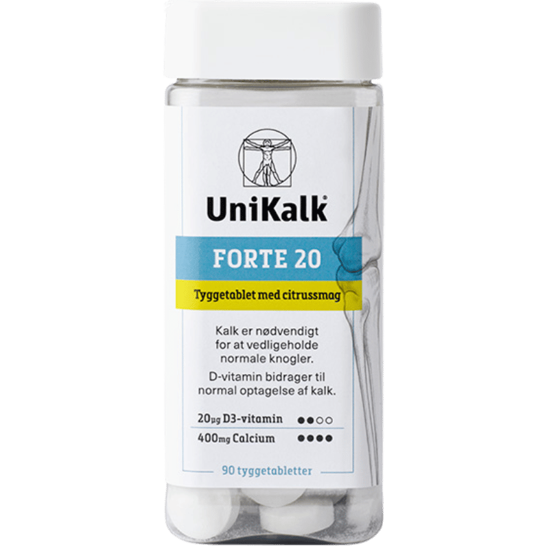 Pakning med UniKalk Forte 20 tyggetabletter med citrussmag, 90 stk
