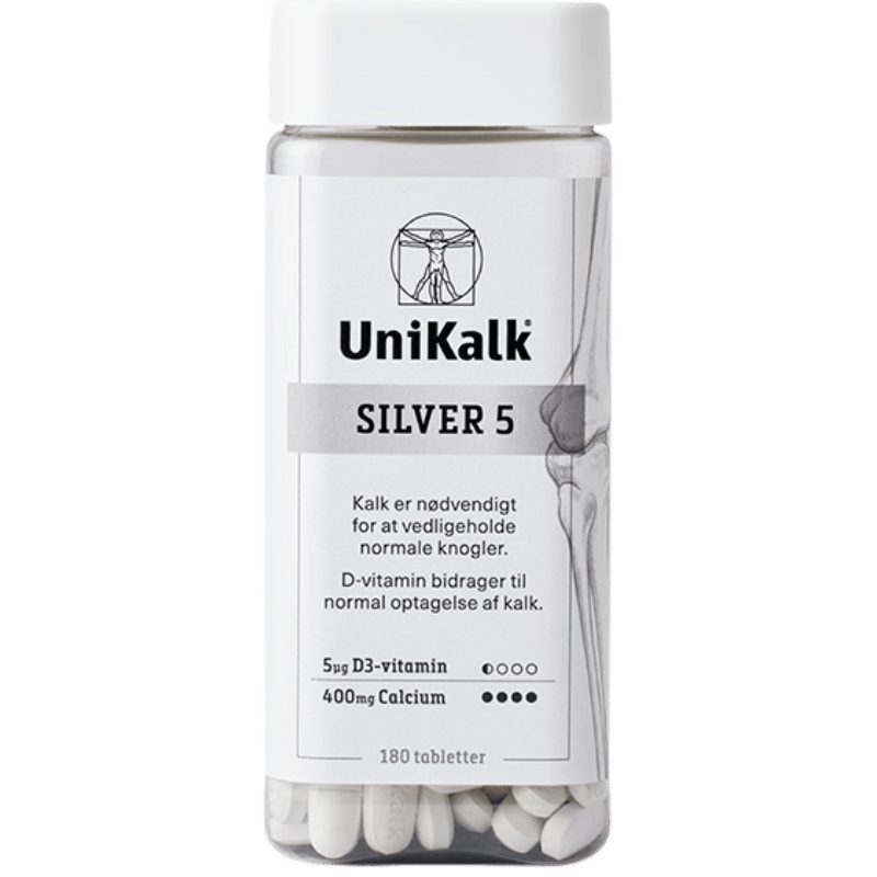 Pakning med UniKalk Silver 5 tilskud med kalk og D-vitamin, 180 stk