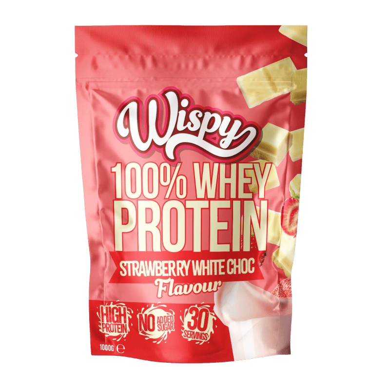 Pose med Wispy Whey 100 proteinpulver i smagen jordbær og hvid chokolade, 1 kg