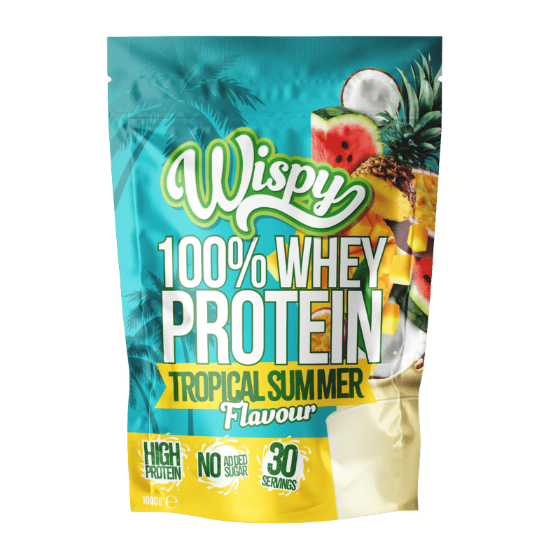 Pose med Wispy Whey 100 proteinpulver i smagen Tropical Summer, 1 kg