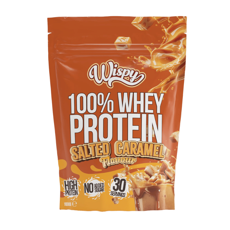 Pakke med Wispy Whey 100 proteintilskud med saltkaramel, 1 kg
