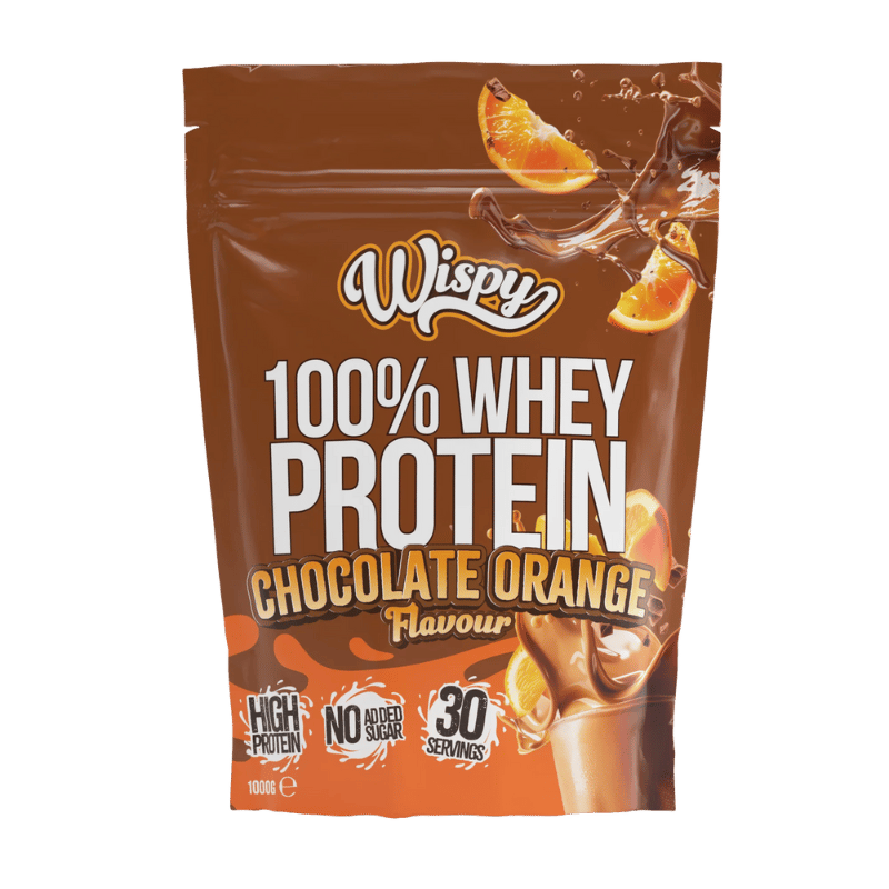 Spand eller pose med Wispy Whey 100 proteinpulver med chokolade og appelsin, 1 kg