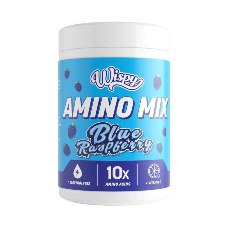 Dåse med Wispy Amino Mix Blue Raspberry aminosyrepulver, 350 g