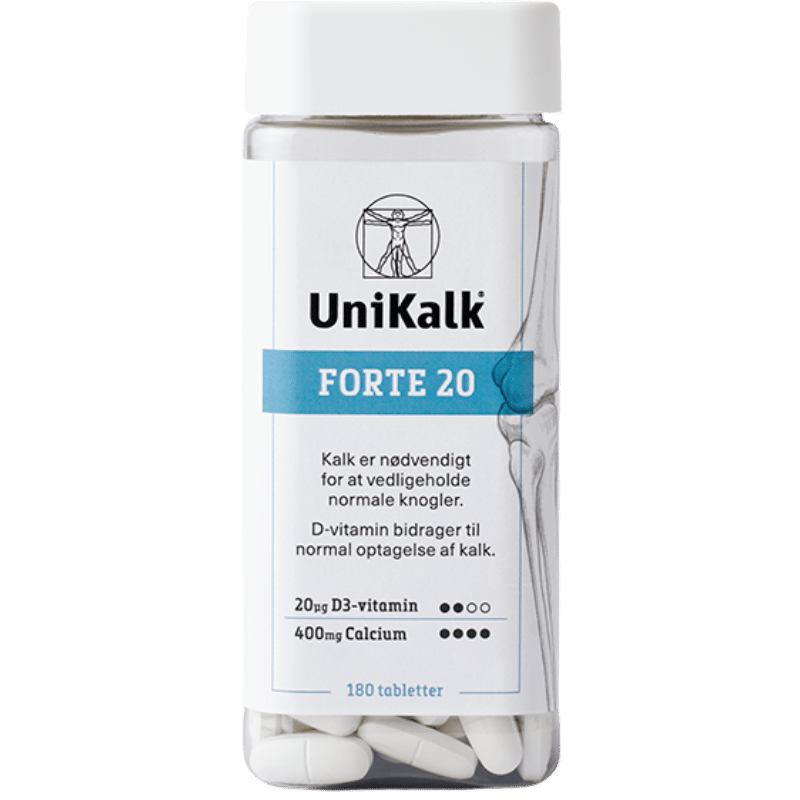 Pakning med UniKalk Forte 20 kalktabletter med D-vitamin, 180 stk.