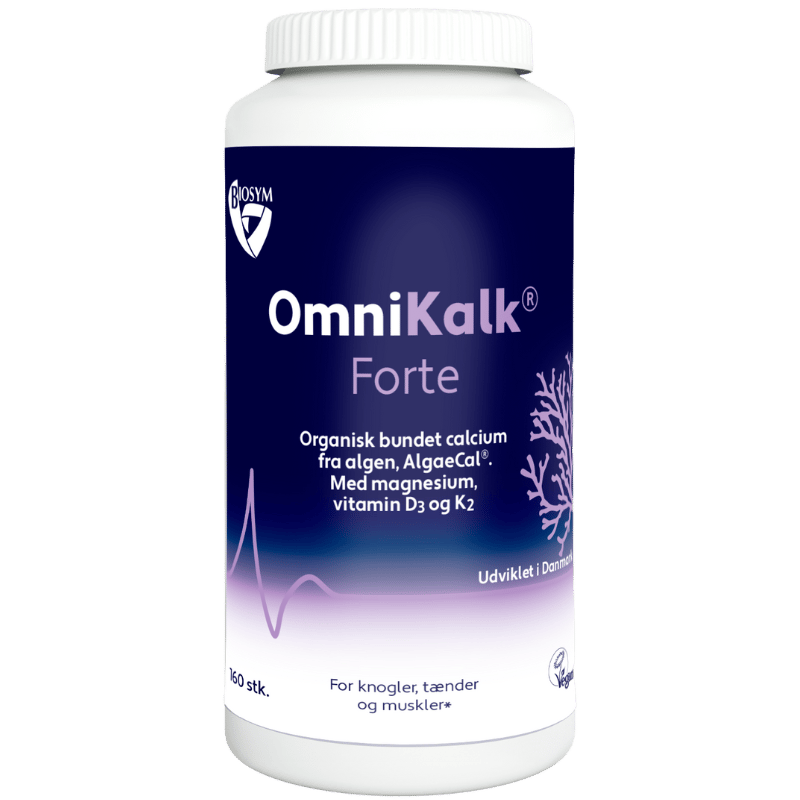 Pakning med Biosym OmniKalk Forte, kosttilskud med vegansk calcium, magnesium, D3 og K2