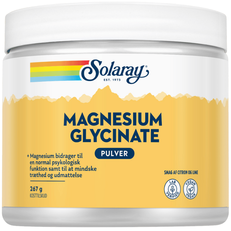 Dåse med Solaray Magnesium Glycinate pulver med Lemon & Lime smag