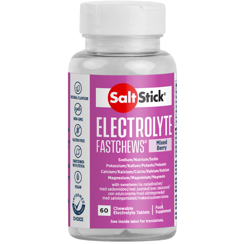 Pakke med Saltsticks Electrolyte Fastchews tyggetabletter med bærsmag, 60 stk.