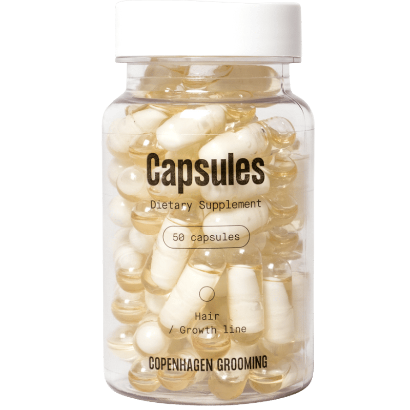 Pakke med Copenhagen Grooming Hair Capsules kosttilskud med biotin og zink