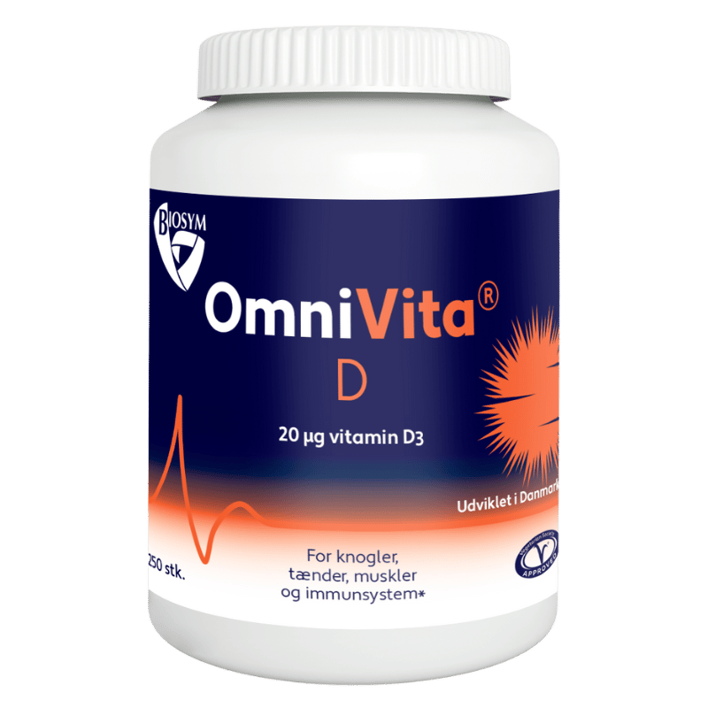 Biosym OmniVita D vegansk D-vitamintilskud, pakke med 250 kapsler