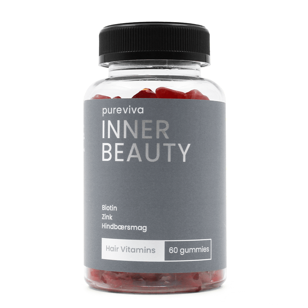 Pakning med Pureviva Inner Beauty Hair Vitamins, vingummier med hindbærsmag, 60 stk.