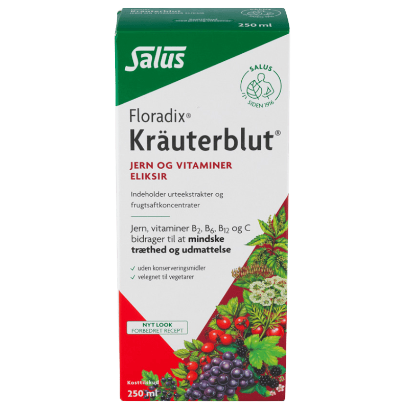 Flaske Salus Floradix Kraüterblut, flydende eliksir med jern og vitaminer, 250 ml