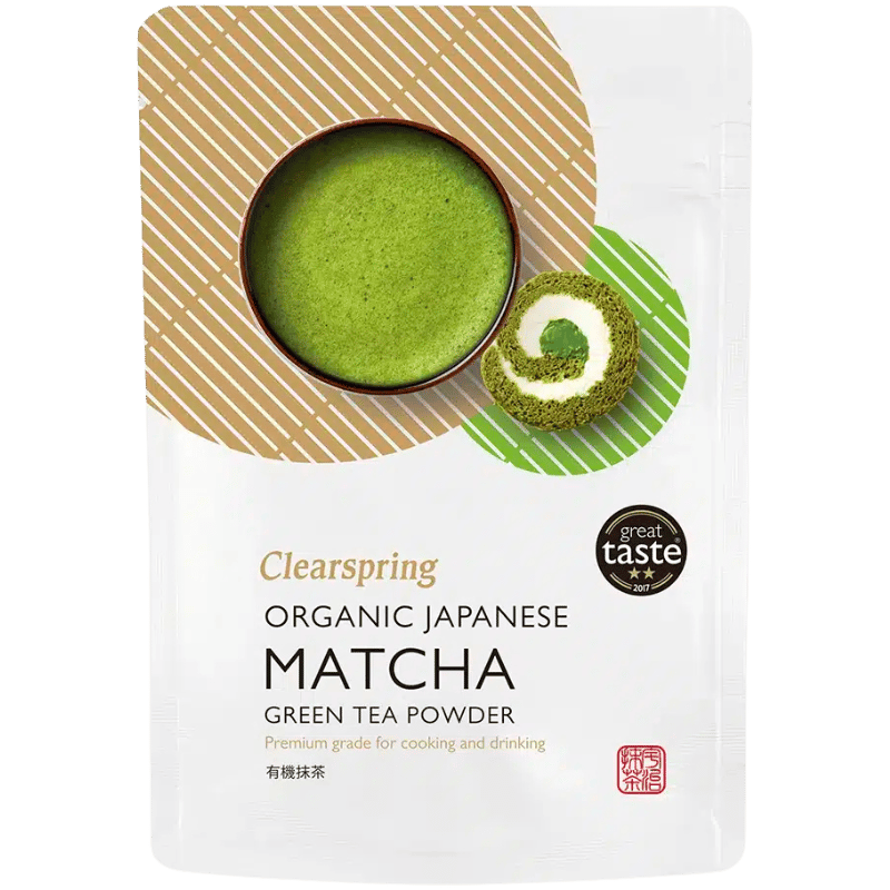 Pakning med Clearspring økologisk Premium Matcha grøn te pulver, 100 gram, fra Uji i Kyoto
