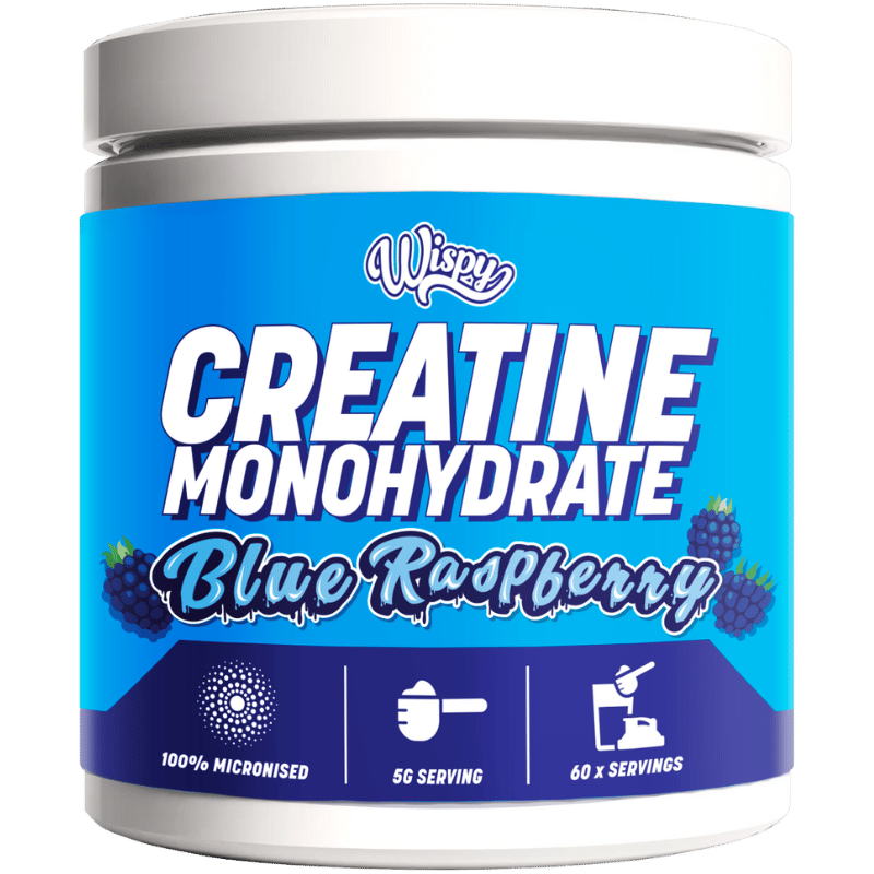Beholder med Wispy Creatine Monohydrate kreatinpulver med smag af blå hindbær, 300 g